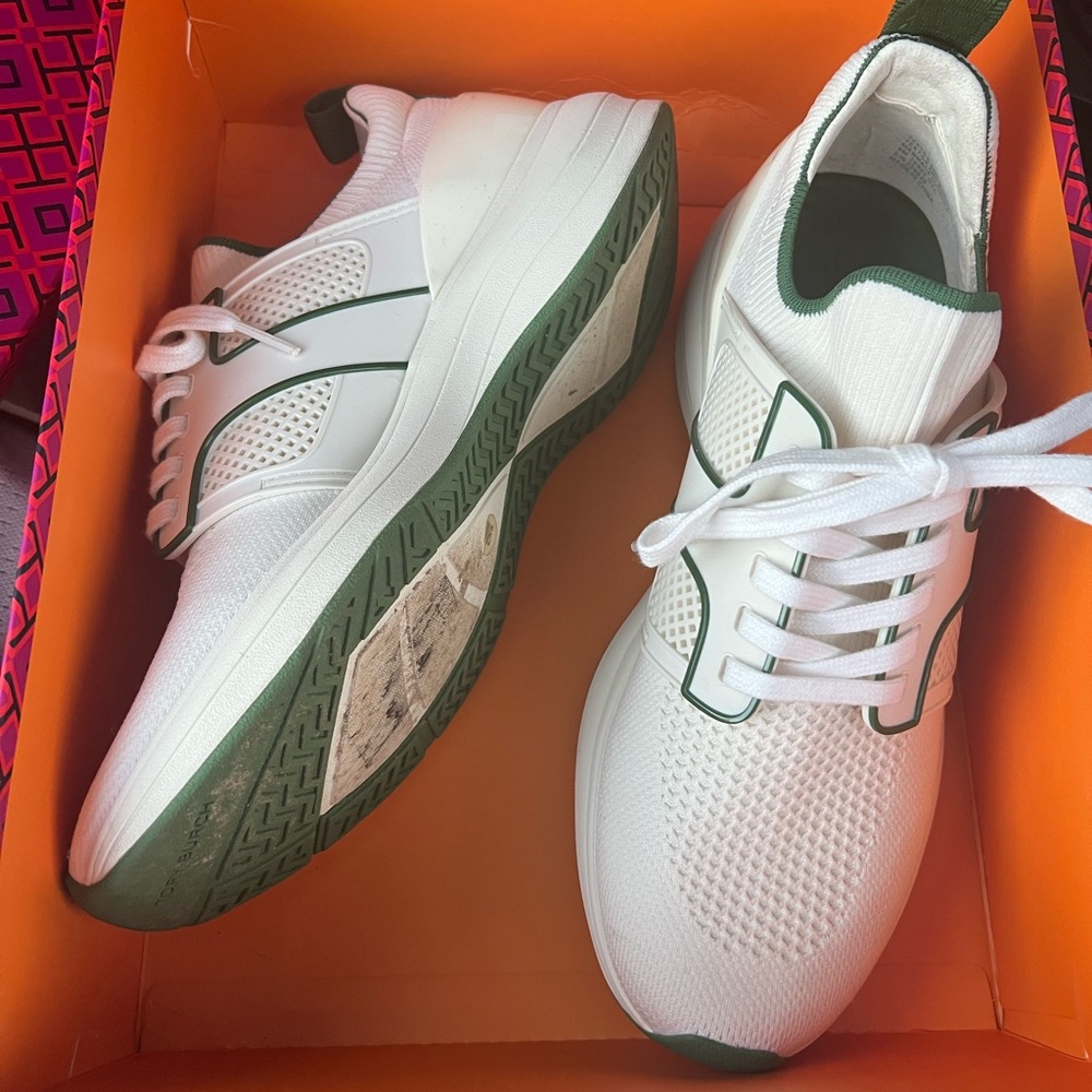 Tory Burch White and Green Sneakers